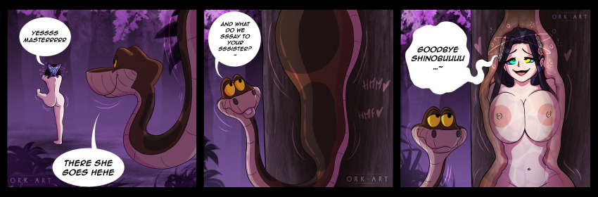 ass black_hair breasts butterfly comic demon_slayer disney english_text hair_ornament hypnotic_eyes kaa kaa_eyes kanae_kocho multiple_views nipples orkart outdoors shinobu_kocho signature sitting snake text the_jungle_book trees vore zombie_walk