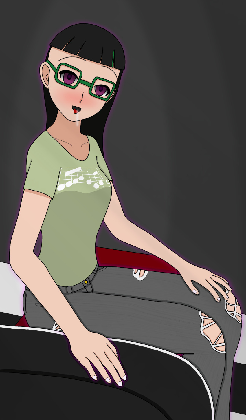 absurdres black_hair cassandra_(esbypno) clothed drool esbypno female_only femsub glasses glowing glowing_eyes grey_background happy_trance looking_at_viewer open_mouth original pink_eyes sitting tongue_out