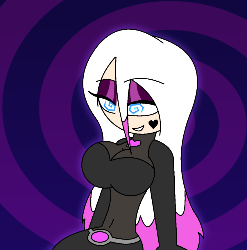 aura bodysuit breasts clothed dead_by_daylight eyeshadow female_only femsub happy_trance heart_tattoo hypnoscream large_breasts makeup multicolored_hair purple_hair sable_ward sitting smile solo spiral_background spiralwash_eyes tattoo tight_clothing very_long_hair white_hair