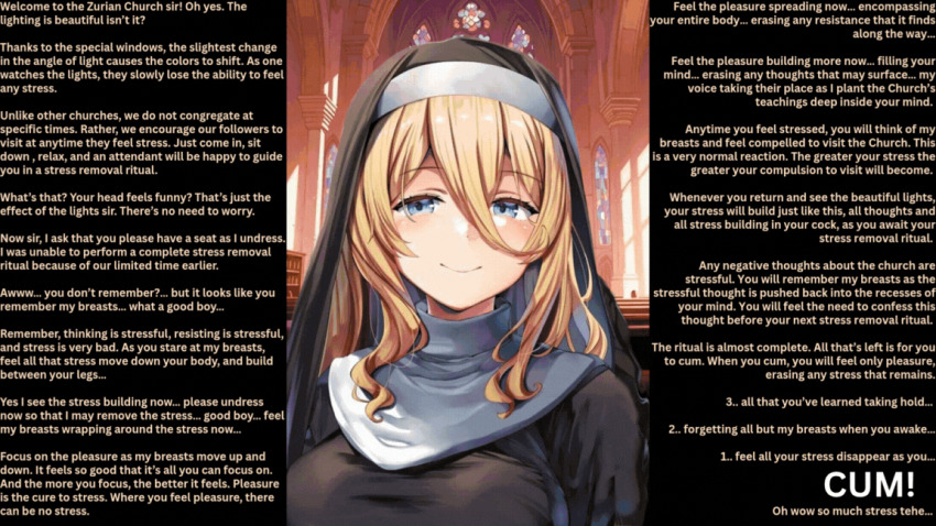 animated animated_gif belko blonde_hair blue_eyes bra breasts clothed cum cum_on_breasts english_text femdom hypnotic_breasts looking_at_viewer malesub manip nun orgasm orgasm_command paizuri penis pov_sub spiral text unknownn_(manipper)