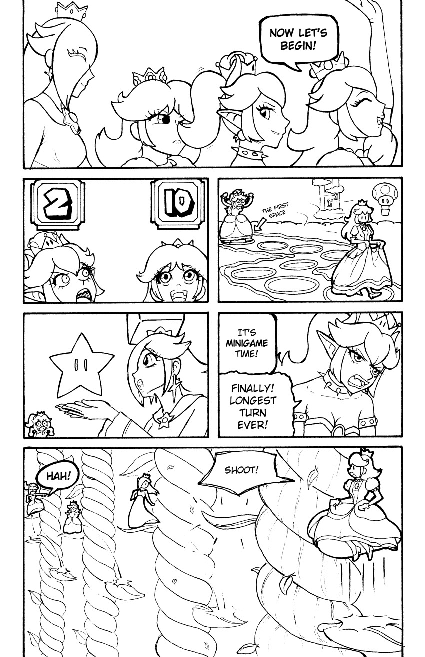 absurdres bare_shoulders bowsette breasts choker closed_eyes clothed comic crown dialogue dress earrings elf_ears english_text gloves greyscale hair_covering_one_eye horns jesturia jewelry long_hair multiple_girls new_super_mario_bros._u_deluxe nintendo open_mouth opera_gloves ponytail princess princess_daisy princess_peach princess_rosalina royalty speech_bubble super_crown super_mario_bros. super_mario_galaxy tagme text