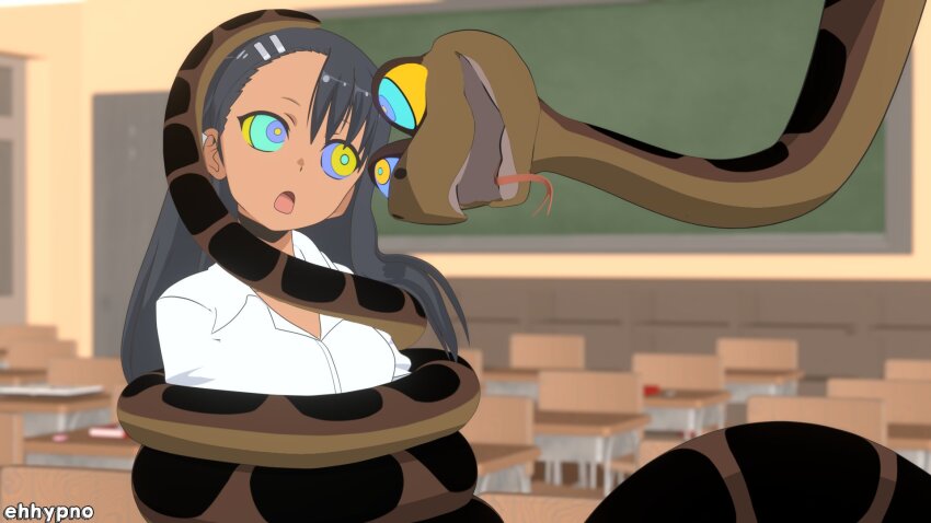 3d black_hair classroom disney eh femsub hair_clips hayase_nagatoro ijiranaide_nagatoro-san kaa kaa_eyes long_hair open_mouth snake tagme tan_skin the_jungle_book