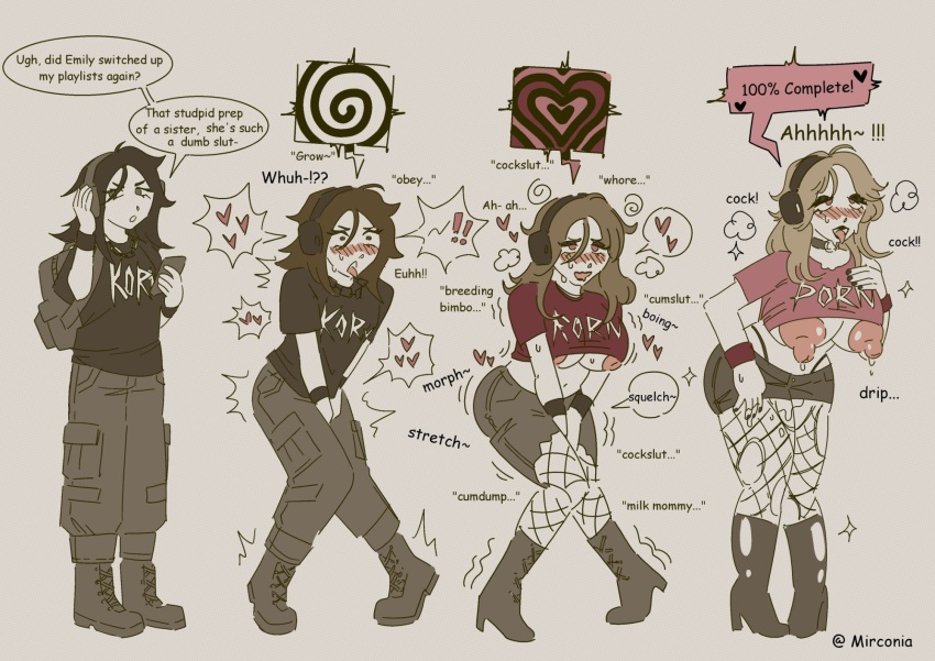 ass_expansion backpack bimbofication black_eyes black_hair black_lipstick blonde_hair blush breast_expansion erect_nipples eyeshadow female_only feminization femsub fishnets goth hair_color_change headphones heart high_heels huge_ass huge_breasts huge_nipples hypnotic_audio knees_together lactation mirconia pink_eyes pussy_juice sequence shirt short_shorts shorts text torn_clothes transformation