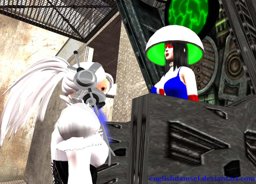 3d bare_shoulders black_hair breasts cleavage collar electricity englishdamsel expressionless face_mask female_only femdom femsub gas_mask gloves glowing headphones helmet lipstick long_hair makeup miss_britain multiple_girls opera_gloves original ponytail red_lipstick restrained second_life silent_snow straight-cut_bangs super_hero tech_control watermark white_hair