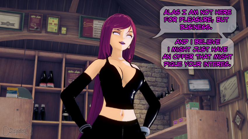 aware circe clothed dc_comics dialogue dogdog english_text female_only latex lipstick purple_hair purple_lipstick solo text white_eyes whitewash_eyes