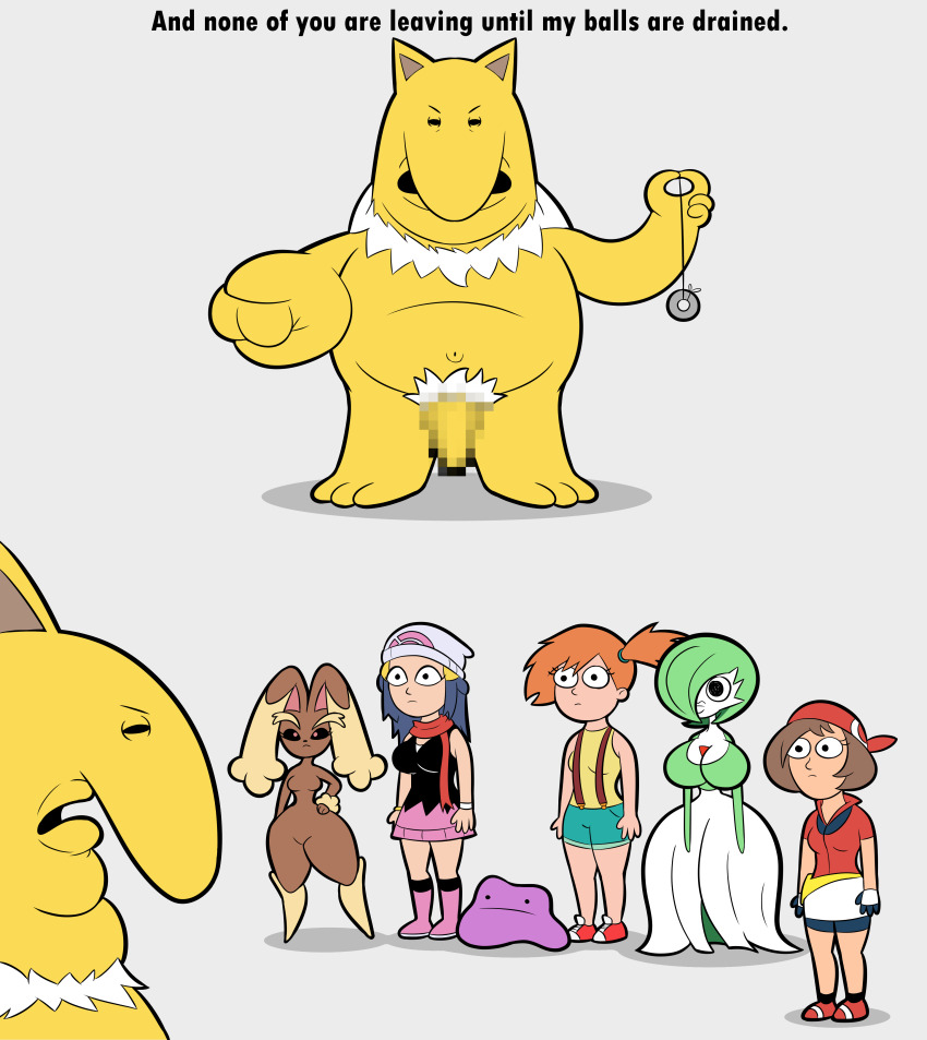 apopop breasts charlie_dompler coin dawn dialogue ditto gardevoir humor hypno large_breasts lopunny may meme misty nintendo pokemon smiling_friends text wide_hips