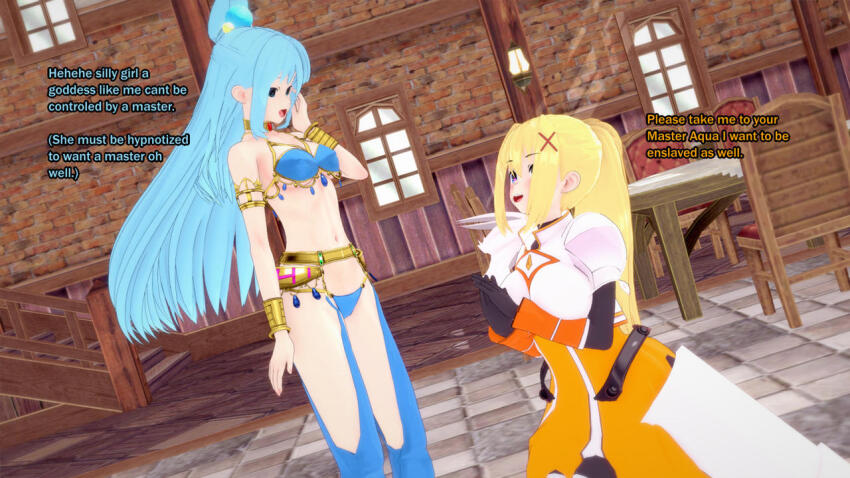 3d aqua_(konosuba) blonde_hair blue_eyes darkness_(konosuba) empty_eyes happy_trance harem_outfit kono_subarashii_sekai_ni_shukufuku_wo! large_breasts long_hair sonrio12 text