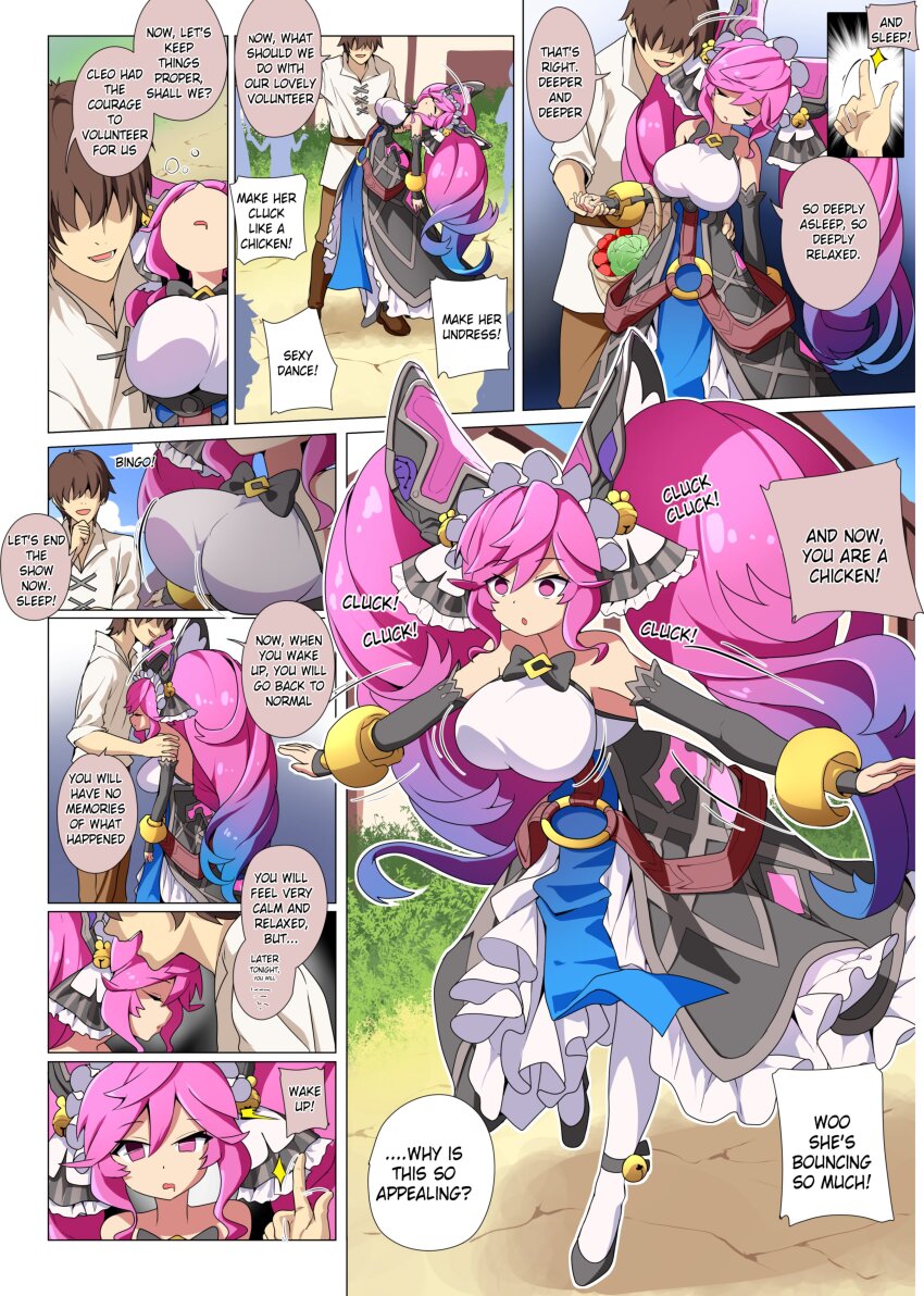 bouncing_breasts chicken_pose cleo_(dragalia_lost) closed_eyes comic cygames dialogue dragalia_lost english_text etlabsotwe expressionless femsub finger_snap large_breasts maledom multicolored_hair nintendo pet_play pink_eyes pink_hair sleep_command sleeping speech_bubble text traditional_hypnosis twintails