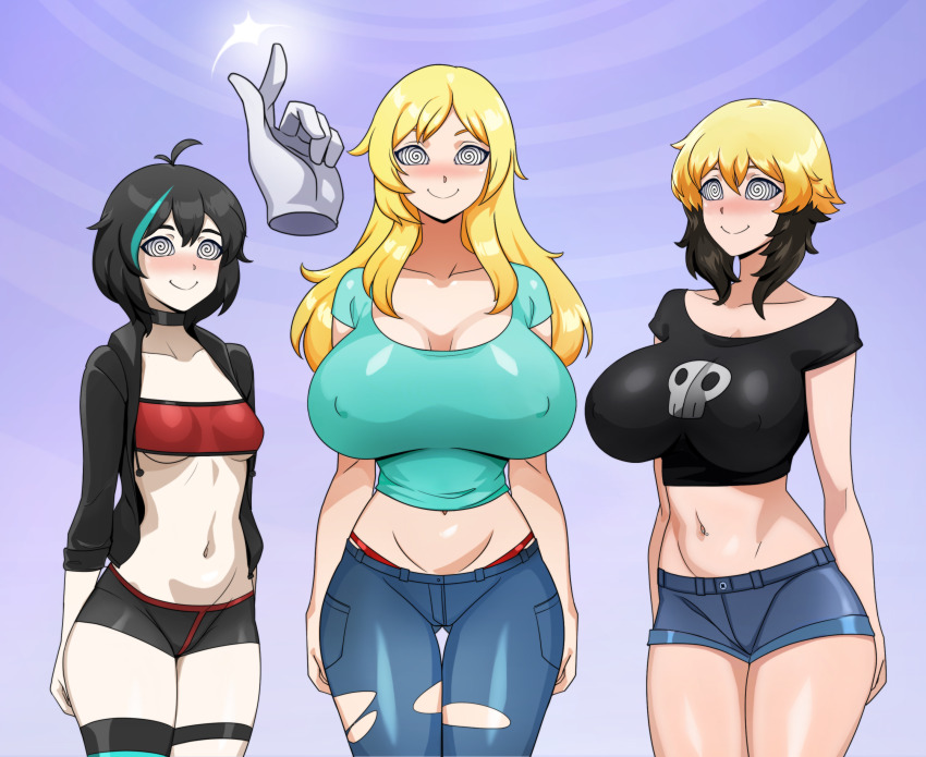ahoge alice_(er-ikaa) black_hair blonde_hair blush cassie_(keeperika) choker collarbone erect_nipples_under_clothes erika_(er-ikaa) female_only femsub finger_snap happy_trance large_breasts long_hair midriff multicolored_hair multiple_girls multiple_subs navel navel_piercing original shinzu short_hair shorts small_breasts smile spiral_eyes standing standing_at_attention