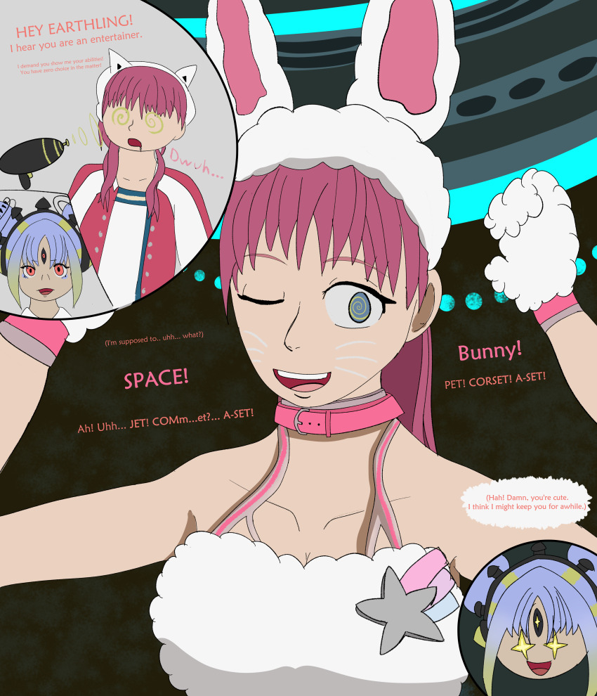 ai_somnium_files akemi_(ai:_the_somnium_files) alien alien_girl bare_shoulders before_and_after blonde_hair blue_eyes blue_skin bunny_ears chibi collar collarbone confused confuzzled drool emblem eyebrows_visible_through_hair female_only femdom femsub gloves hair_band hair_buns humor hypnotic_gun iris_sagan long_hair multicolored_hair multiple_eyes one_eye_open open_mouth pink_hair red_eyes shirt smile sparkle spiral_eyes spiralwash_eyes sweater symbol_in_eyes tagme