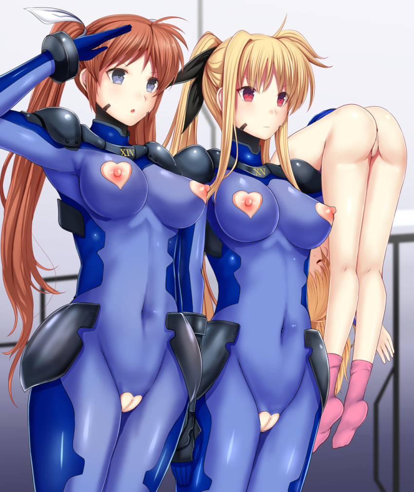 blonde_hair bodysuit breasts corruption crotch_cutout daiaru enemy_conversion expressionless fate_testarossa femsub hair_ribbon large_breasts loli long_hair magical_girl_lyrical_nanoha nanoha_takamachi nipple_cutout nipples numbers_(nanoha) pussy red_hair ribbon robotization saluting tight_clothing twintails vivio_takamachi