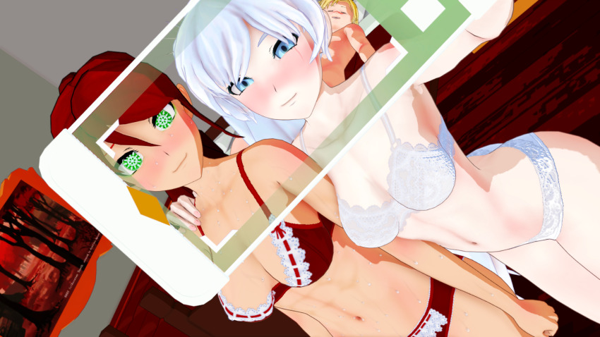 femdom femsub happy_trance jaune_arc koikatsu! lingerie perfect_idiot pyrrha_nikos rwby selfie sleeping symbol_in_eyes weiss_schnee