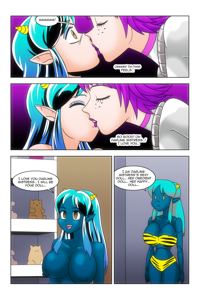 alien_girl bare_shoulders bikini bikini_bottom bikini_top blue_skin bow brown_eyes cleavage closed_eyes comic dialogue doll doll_joints dollification empty_eyes erect_nipples expressionless eyeshadow femdom femsub freckles glowing_eyes green_hair hand_on_another&#039;s_cheek happy_trance horns hypnotic_eyes kimberly_smith_(daveyboysmith9) kissing large_breasts long_hair lum magic multicolored_hair oni_girl original purple_eyes purple_hair purple_lipstick short_hair smile story text topless urusei_yatsura wadevezecha yuri