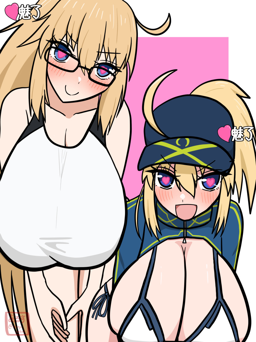 ahoge alternate_costume bare_shoulders bikini_top blonde_hair blush border breast_expansion breasts charm_(spell) cleavage eyebrows_visible_through_hair fate/grand_order fate_(series) female_only femsub gameplay_mechanics glasses gradient_background happy_trance hat heart heart_eyes huge_breasts japanese_text jeanne_d'arc_(fate) long_hair looking_at_viewer mysterious_heroine_xx short_hair signature simple_background smile stray_oekaki swimsuit symbol_in_eyes text