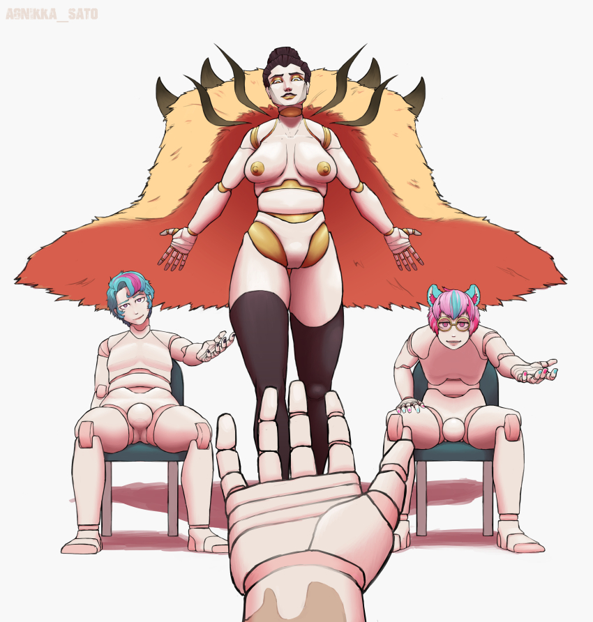 agnikka_sato breasts bulge doll doll_joints dollification femboy femdom malesub nipples null_bulge pov pov_sub sitting spread_legs thighhighs topless transformation