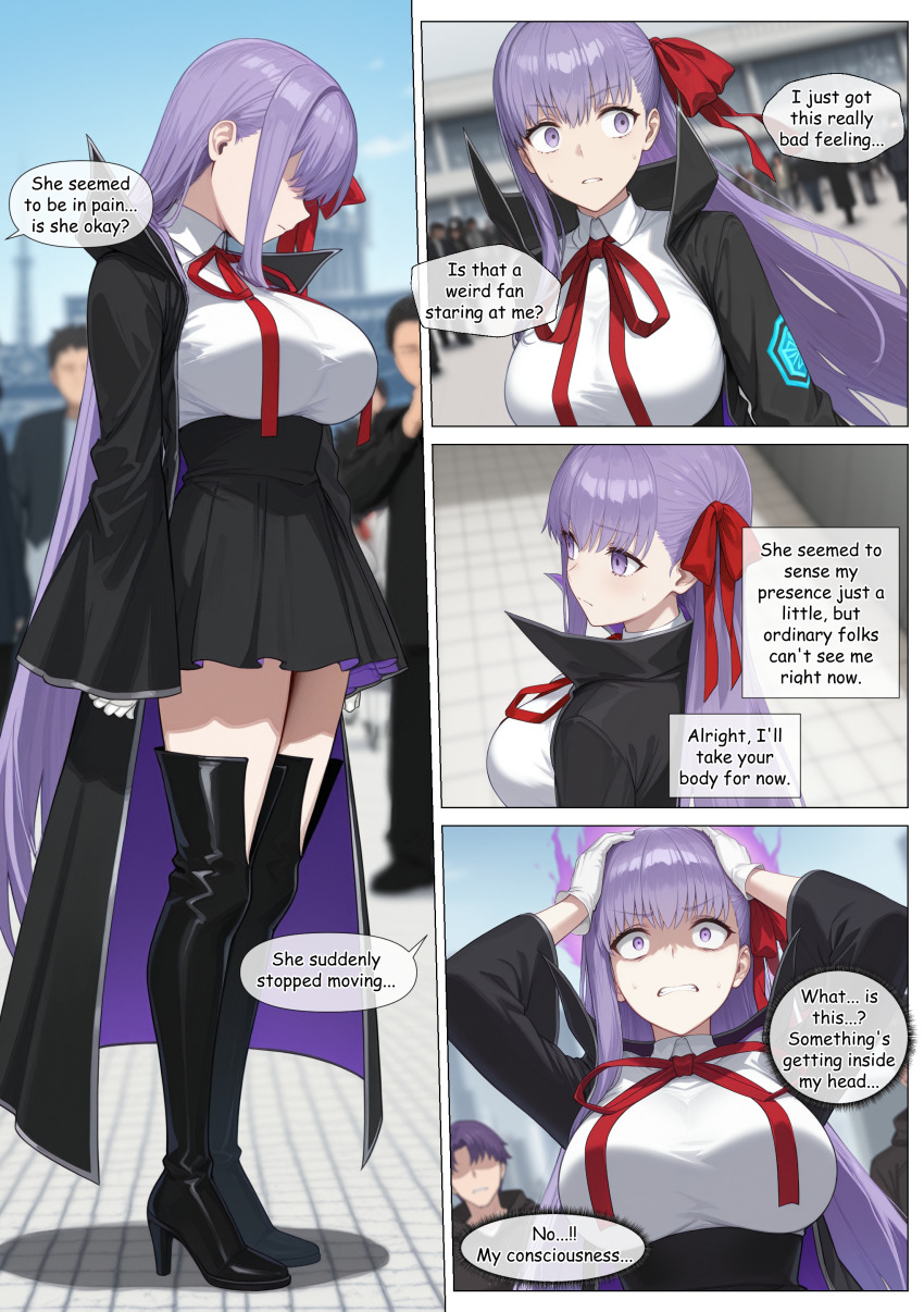 ai_art bb_(fate/extra_ccc) black_hair breasts comic cosplay costume dialogue english_text faceless_male fate/extra_ccc fate/grand_order fate_(series) femsub hand_on_head high_heels kodawarite_(generator) large_breasts no_eyes outdoors possession purple_eyes purple_hair short_hair speech_bubble standing sweat text thigh_boots thighhighs