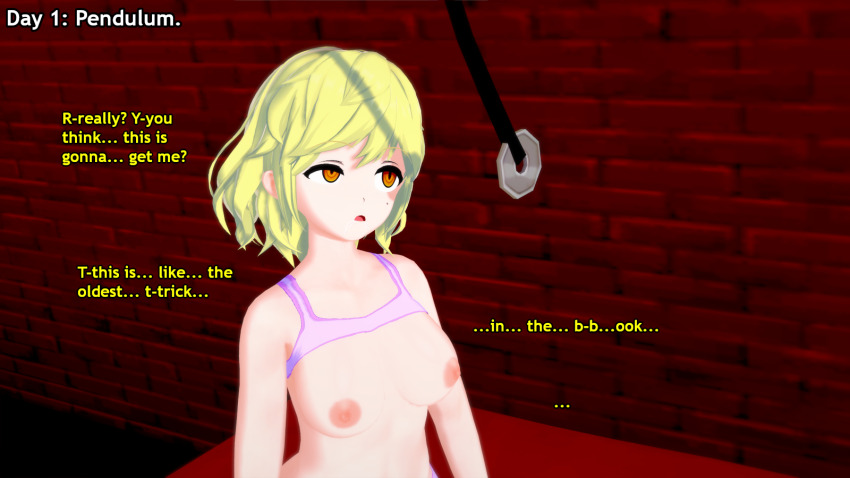 3d blonde_hair dialogue drool empty_eyes english_text eyebrows_visible_through_hair hypnovember instant_loss koikatsu! liz_b orange_eyes original pendulum text topless