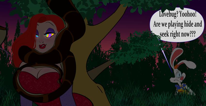 bare_shoulders breasts coils colorrings dialogue disney femsub forked_tongue happy_trance humor jessica_rabbit jungle kaa kaa_eyes large_breasts lipstick maledom night red_hair red_lipstick roger_rabbit sleepy smile snake tail text the_jungle_book trees who_framed_roger_rabbit