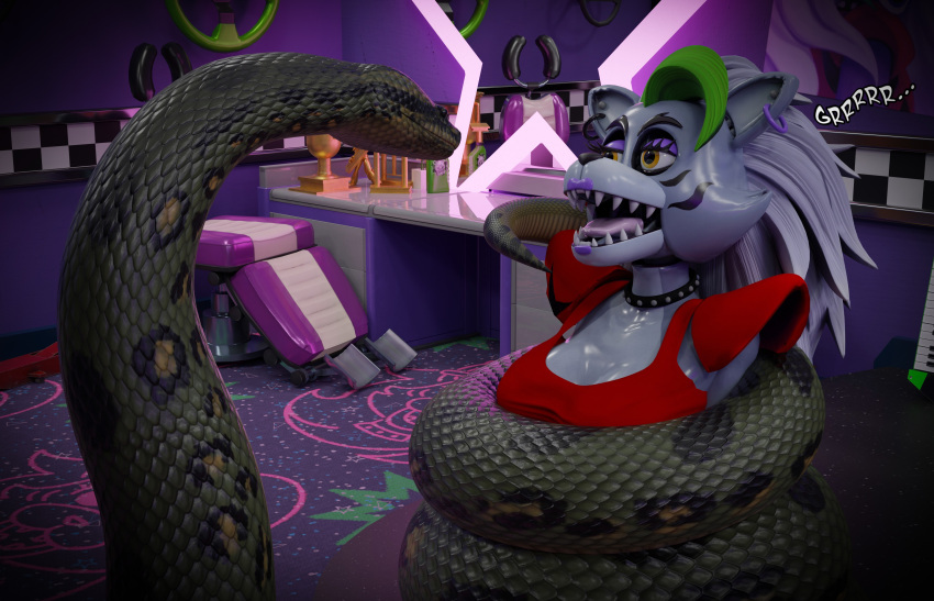 3d breasts coils disney femsub five_nights_at_freddy&#039;s five_nights_at_freddy&#039;s:_security_breach furry green_hair itsybitsystories kaa lipstick makeup maledom purple_hair robot robot_girl roxanne_wolf silver_hair snake the_jungle_book wolf_girl