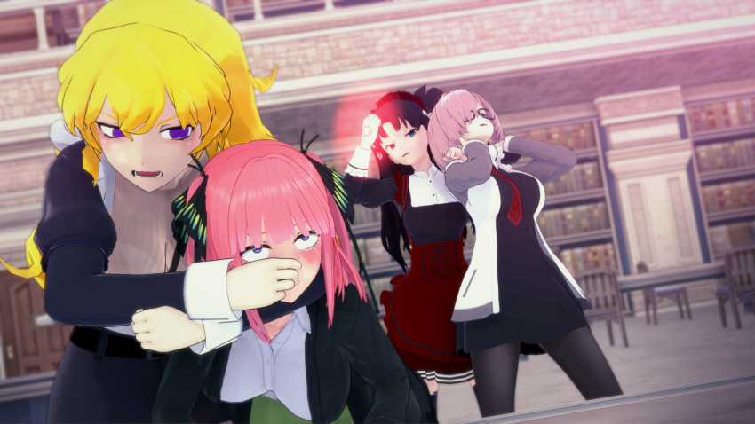 3d angry asphyxiation blonde_hair blue_eyes blush breasts brown_hair cleavage clothed coat command_seal cuffs cyanstargazer drool empty_eyes eye_roll fate/grand_order fate/hollow_ataraxia fate/stay_night fate_(series) female_only femsub glasses green_eyes hair_ornament hair_ribbon hypnotized_assistant jacket koikatsu! large_breasts long_hair magic maid maid_headdress mashu_kyrielight multiple_girls nino_nakano pantyhose pink_hair purple_eyes resisting restrained ribbon rin_tohsaka rwby short_hair shrunken_irises tears the_quintessential_quintuplets tie violence yang_xiao_long