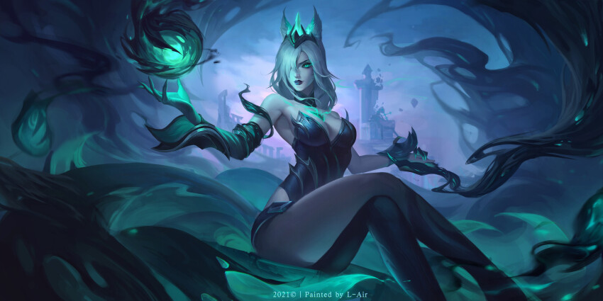 ahri_(league_of_legends) alternate_costume alternate_hairstyle bare_legs body_markings chair control_indicator corruption crossed_legs crown crystal eye_color_change facial_markings femsub gloves glowing_eyes green_eyes hair_color_change hair_covering_one_eye hand_on_head kitsune_girl l_air league_of_legends legs long_hair looking_at_viewer maledom outdoors pale_skin ruination short_hair sitting slit_pupils smoke sword viego_(league_of_legends) weapon white_hair white_skin