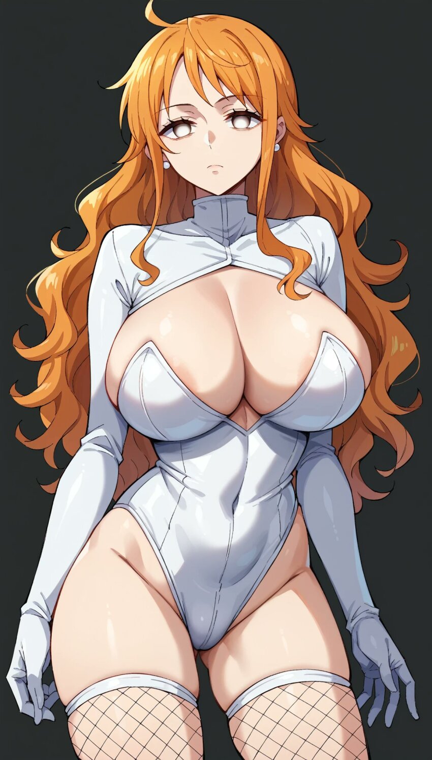 ai_art cleavage drone empty_eyes expressionless long_hair mcdaisukimen_(generator) nami_(one_piece) one_piece orange_hair tagme