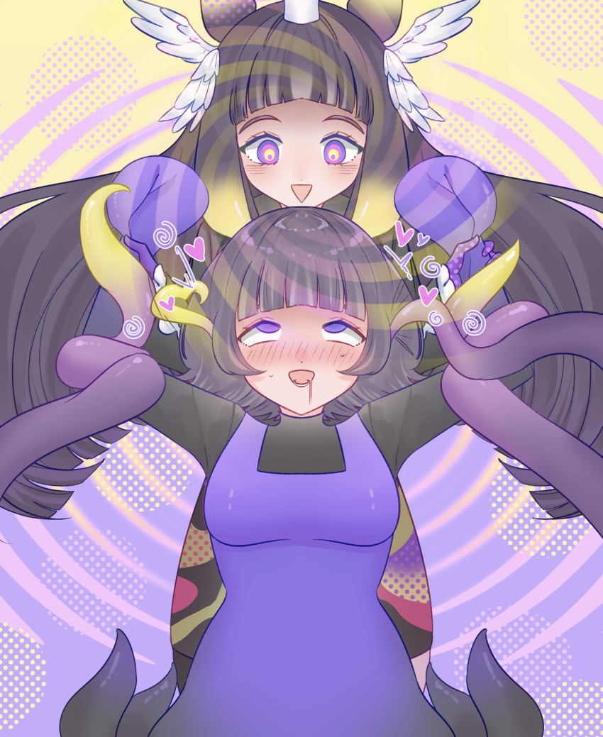 ahegao arms_above_head blush bodysuit clothed crown drool elf_ears female_only femdom femsub gloves hololive hololive_english long_hair missmilkou multicolored_eyes multiple_girls ninomae_ina'nis nun open_mouth orgasm purple_eyes purple_hair resisting restrained sequence short_hair smile spiral spiral_background sweat tentacle_in_ear tentacles transformation