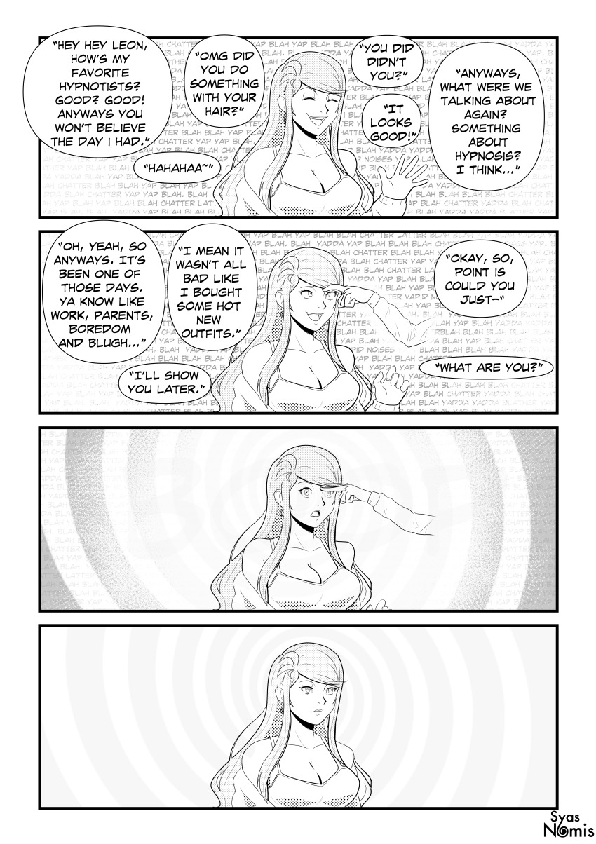 absurdres border breasts cleavage closed_eyes comic crossed_eyes dialogue empty_eyes english_text expressionless female_only femsub finger_to_forehead greyscale limp long_hair monochrome original signature simple_background smile speech_bubble spiral_background surprised syas-nomis tank_top text trigger