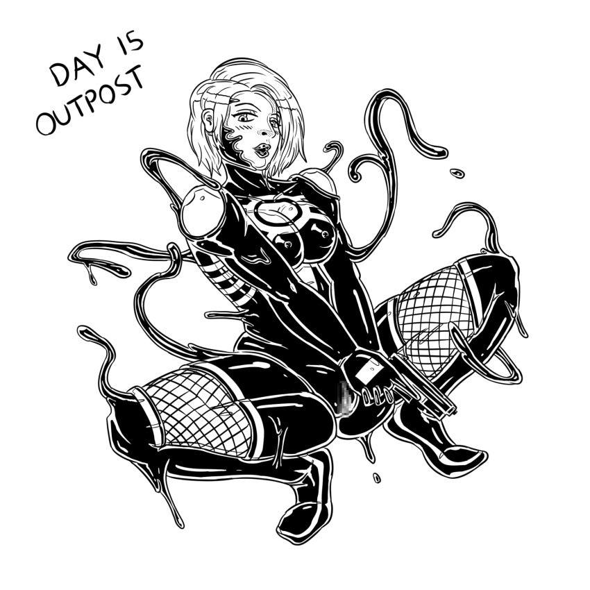 alien alternate_costume androgynous_dom bare_shoulders black_lipstick blush capcom censored cleavage cleavage_cutout corruption crossover english_text femsub greyscale gun jill_valentine lipstick living_costume marvel_comics nipples open_mouth pantyhose parasite possession pussy resident_evil short_hair slime spacen&#039;cake spider-man_(series) squatting symbiote tentacles text venom_(marvel) weapon white_background