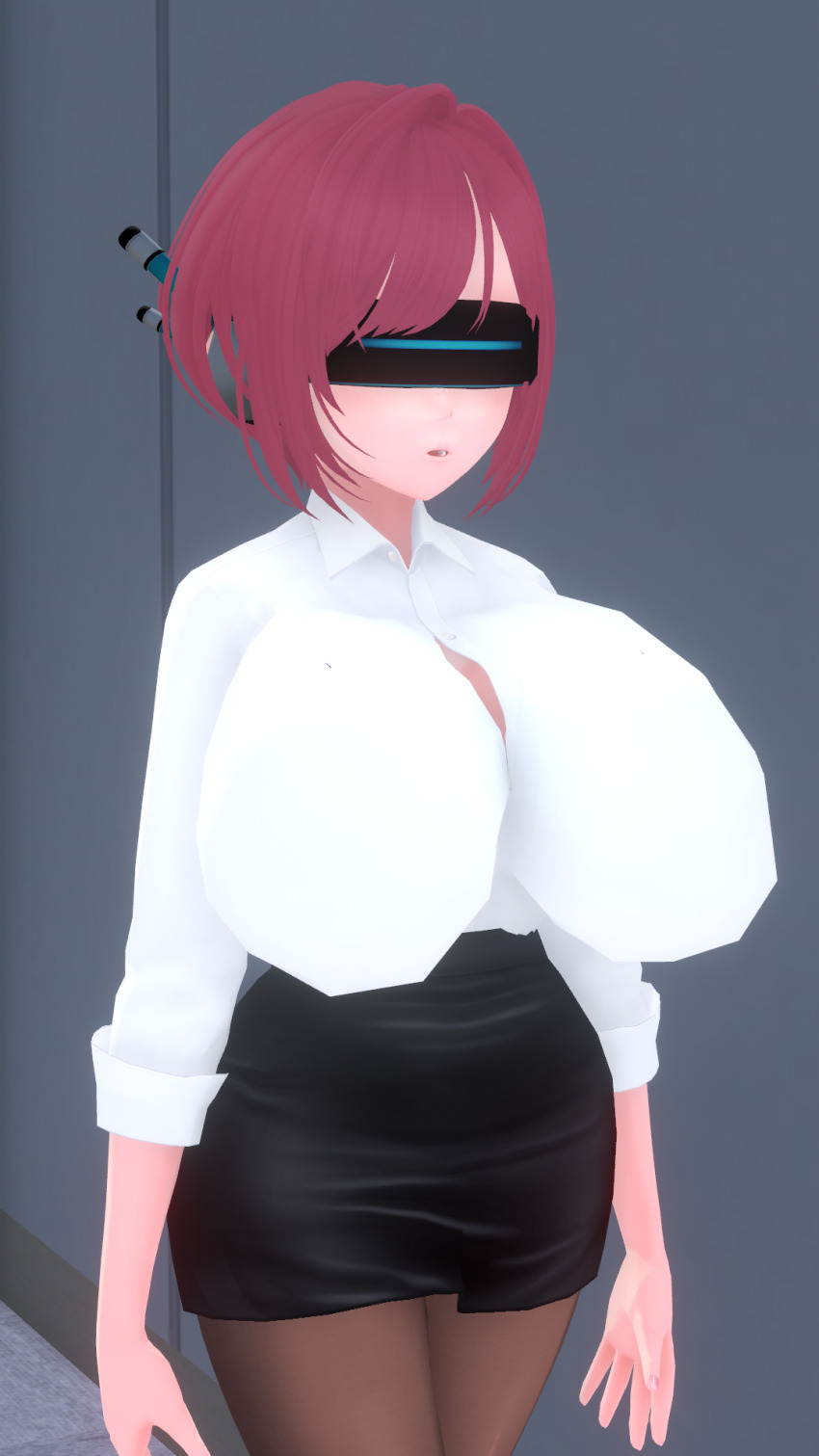 3d antenna expressionless female_only femsub fushigi headphones huge_breasts open_mouth pantyhose red_hair shirt short_hair skirt solo standing tech_control visor vroid