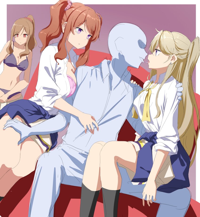 blonde_hair bra breast_press brown_eyes brown_hair cleavage copyright_request empty_eyes etlabsotwe expressionless femsub groping kissing lonely_attack_on_the_different_world long_hair maledom multiple_girls multiple_subs open_shirt purple_eyes ribbon school_uniform side_ponytail simple_background sitting sitting_on_lap sketch skirt tongue_out twintails underwear undressing