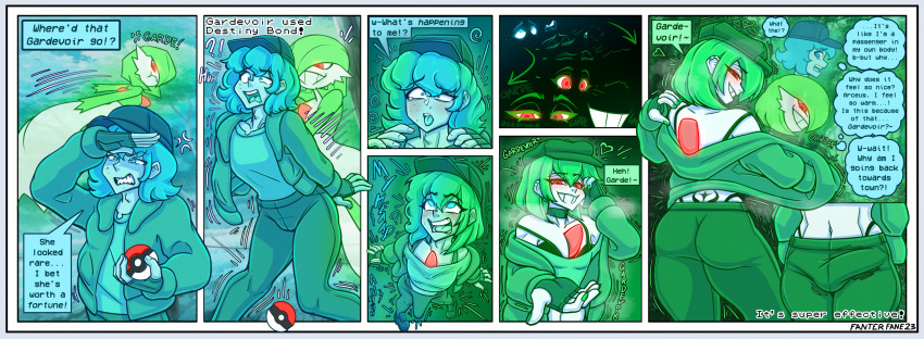 angry blue_eyes blush bra choker clothed collarbone crop_top crossdressing dialogue english_text erection erection_under_clothes fanterfane femboy femdom feminization fingerless_gloves gardevoir hat heart jacket malesub nail_polish navel nintendo piercing pokeball pokemon pokemon_(creature) possession red_eyes speech_bubble tattoo text thong thought_bubble