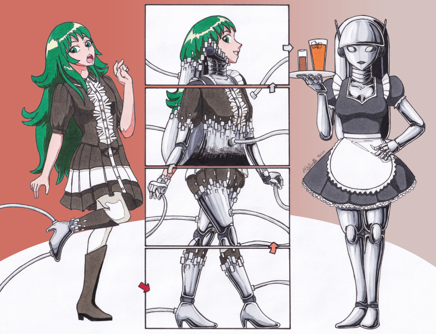 before_and_after color consensual femsub green_eyes green_hair happy_trance jesturia maid robot robot_girl robotization sequence simple_background smile tagme traditional transformation tray