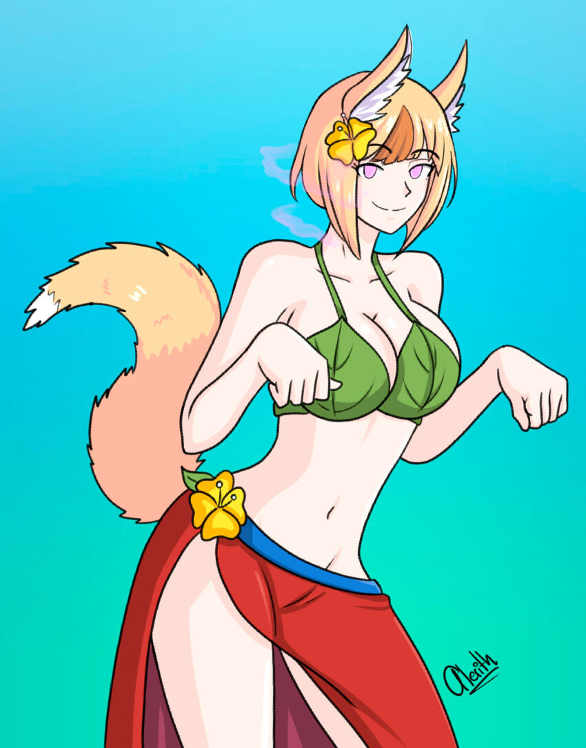 alerith alternate_costume bare_legs bare_shoulders blonde_hair breasts cleavage dancer dancing empty_eyes female_only femsub fire_emblem fire_emblem_fates flower flower_in_hair fox_ears fox_girl fox_tail happy_trance hypnotic_plant legs looking_at_viewer midriff navel nintendo pheromones pink_eyes selkie_(fire_emblem_fates) short_hair tail thighs