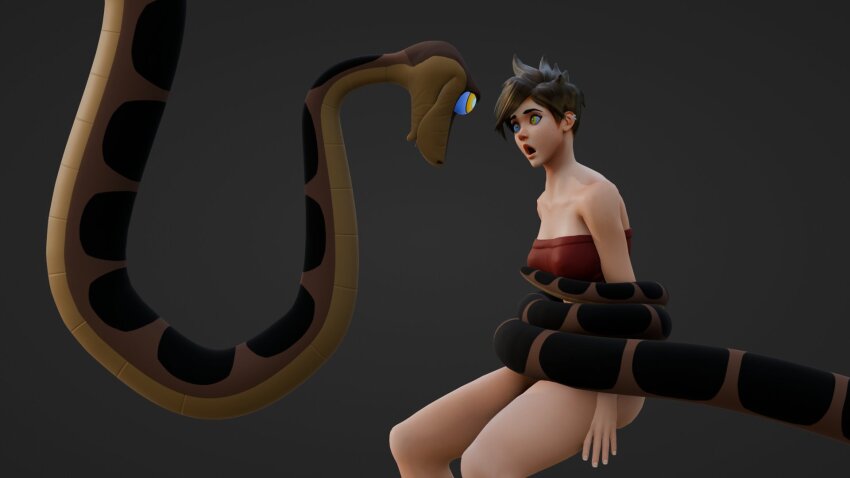 3d brown_hair coils crossover dazed disney earrings eh femsub hypnotic_eyes kaa kaa_eyes maledom open_mouth overwatch short_hair simple_background sitting snake the_jungle_book tracer transparent_background