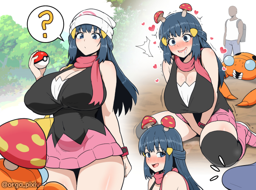 bare_shoulders blue_eyes blue_hair blush breasts bulge cleavage dark_skin dawn drool empty_eyes erection erection_under_clothes everyday2 faceless_male femsub happy_trance heart huge_breasts kneeling long_hair maledom mushroom nintendo outdoors paras parasite pokeball pokemon pokemon_(creature) pokemon_diamond_pearl_and_platinum pokemon_red_green_blue_and_yellow possession speech_bubble standing