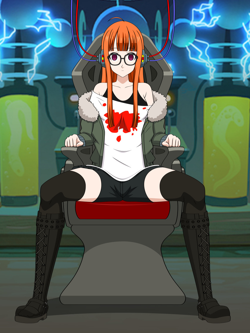 absurdres ahoge boots cables chair empty_eyes expressionless female_only femsub futaba_sakura glasses jacket jimryu long_hair orange_hair persona_(series) persona_5 restrained shorts sitting solo spread_legs tech_control