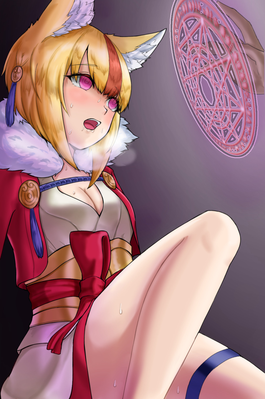 bare_legs blonde_hair breasts breath cat_neko_cat1 cleavage empty_eyes femsub fire_emblem fire_emblem_fates flower flower_in_hair fox_ears fox_girl fox_tail happy_trance hypnotic_plant japanese_clothing legs magic magic_circle multicolored_hair nintendo open_mouth pheromones pink_eyes selkie_(fire_emblem_fates) short_hair sweat tail thighs tongue