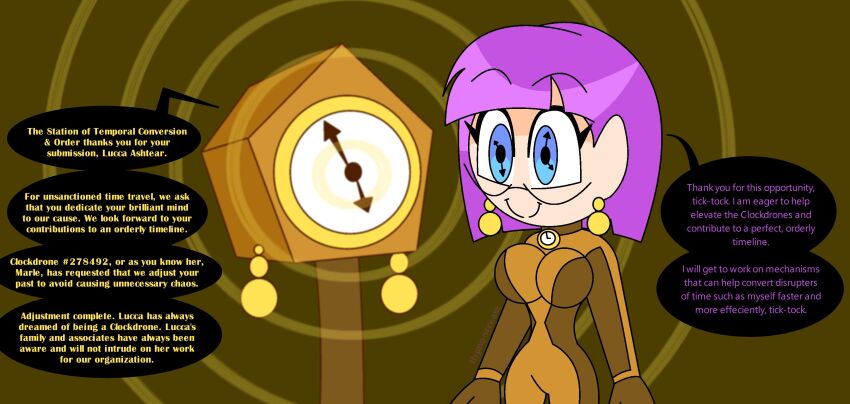 blue_eyes bodysuit brown_background chrono_trigger clock collar dronification earrings eyebrows_visible_through_hair female_only femsub glasses happy_trance hourglass_figure hypnoscream jewelry large_breasts lucca purple_hair ring_background robotic_trance short_hair simple_background smile solo symbol_in_eyes text tick-tock_saying tight_clothing time_travel wide_hips