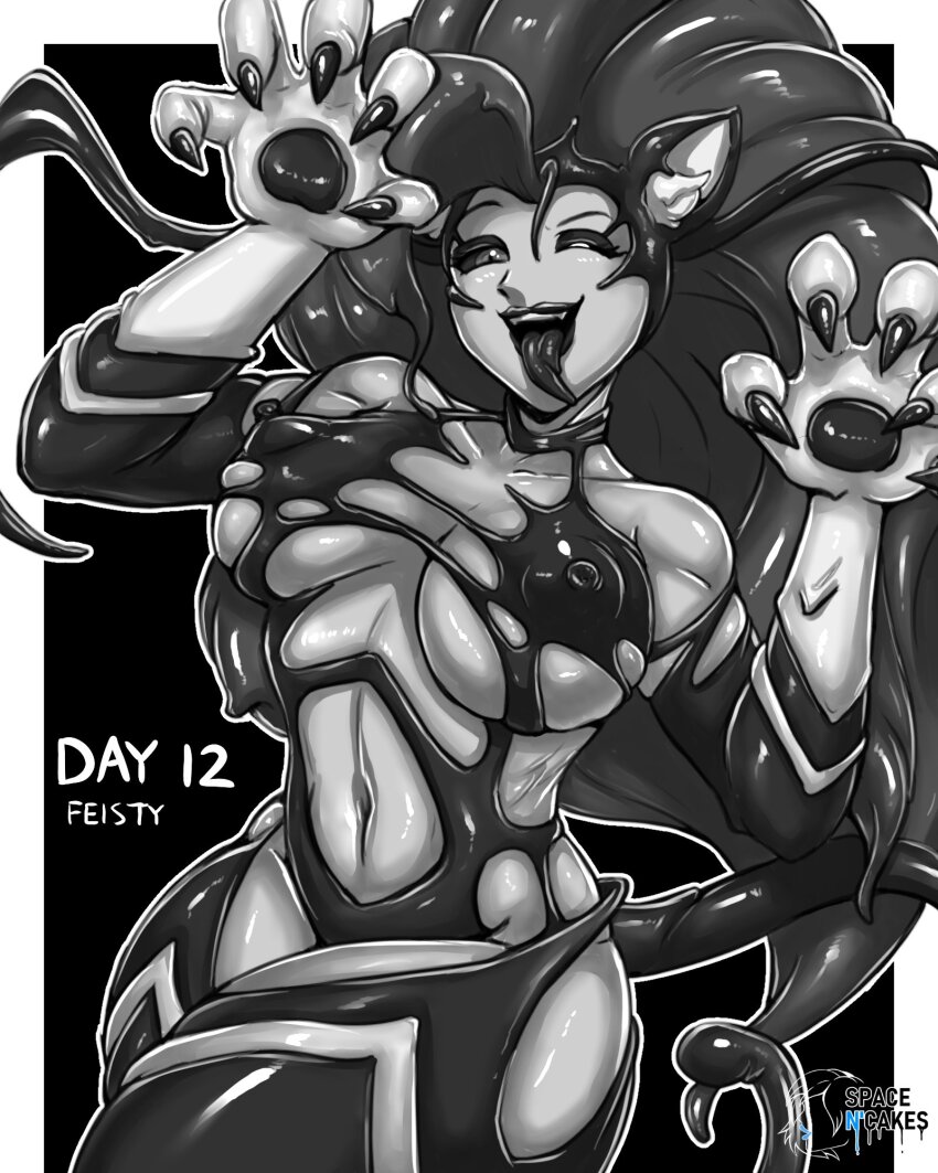 alien alternate_color_scheme alternate_costume alternate_hair_color bare_shoulders black_background black_hair black_lipstick black_sclera blush breasts capcom cat_ears cat_girl cat_tail choker claws cleavage corruption crossover darkstalkers english_text eyeshadow felicia_(darkstalkers) femsub greyscale happy_trance large_breasts lipstick living_costume long_hair looking_at_viewer marvel_comics midriff navel nipples one_eye_open open_mouth parasite possession smile spacen&#039;cake spider-man_(series) symbiote tail tentacles text tongue tongue_out venom_(marvel) wink