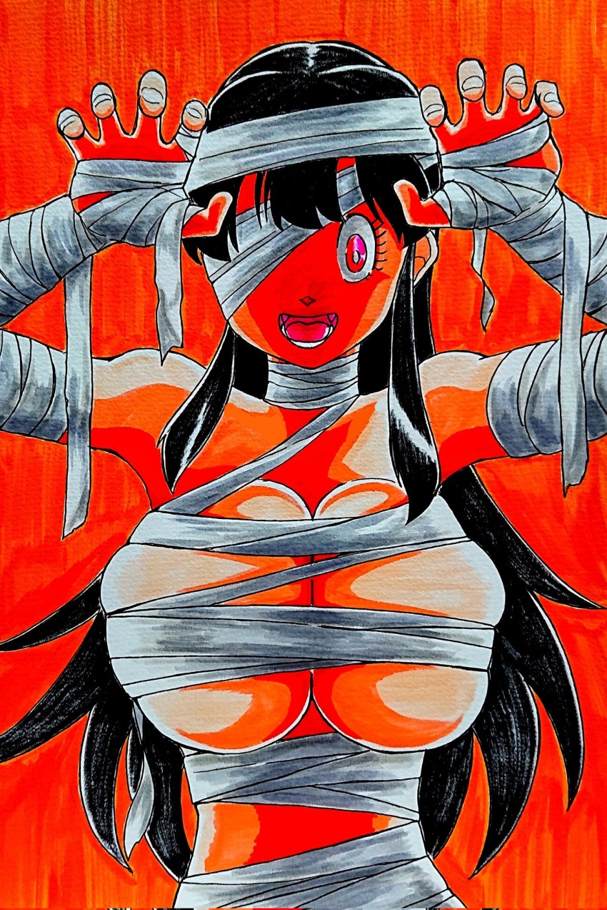 area5169458561 bare_shoulders black_hair breasts chichi cleavage dragon_ball female_only femsub halloween large_breasts long_hair mummy open_mouth purple_eyes simple_background smile solo tongue underboob