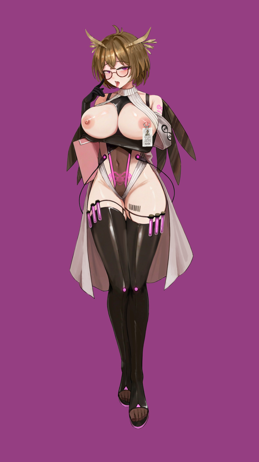 alternate_costume animal_ears arknights arm_bands barcode bare_shoulders bird_girl breasts brown_hair clipboard corruption crotch_tattoo empty_eyes erect_nipples exposed_chest eye_color_change female_only femsub glasses iamtheawakeningmaster id_card large_breasts navel nipple_piercing nipples open_mouth opera_gloves owl_girl purple_background purple_eyes short_hair silence_(arknights) simple_background tattoo thighhighs thighs tongue tongue_out