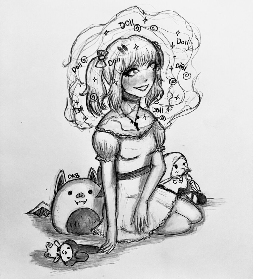 bangs belt blush bow breasts cleavage dollification dress eyelashes female_only femsub greyscale hair_clips happy_trance kuromi long_hair lurkingmushroom makeup mantra monochrome necklace sanrio signature simple_background sitting smile solo sparkle spiral text traditional twintails white_background