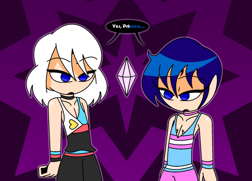 androgynous_sub bare_shoulders blue_eyes blue_hair bracelet brothers choker collarbone crystal empty_eyes eyebrows_visible_through_hair eyelashes femdom gradient_background heavy_eyelids hypnoscream malesub multiple_subs open_mouth pants pov_dom pride_colors prince prince_demande prince_saphir purification purple_background ring_background royalty sailor_moon_(series) scars shiny_hair shiny_skin short_hair standing tank_top transgender_identity transmasc white_hair