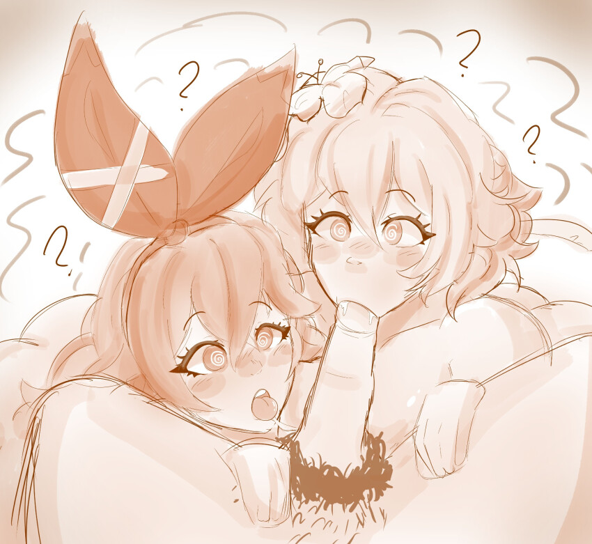 a_singular_fish amber_(genshin_impact) ass blush collarbone confused curly_hair drool erection eyebrows_visible_through_hair fellatio femsub flower flower_in_hair genshin_impact hair_band hair_ribbon large_penis leaning_forward long_hair lumine_(genshin_impact) maledom nude open_mouth oral penis raptor_(genshin_impact) sex short_hair spiral_eyes spread_legs