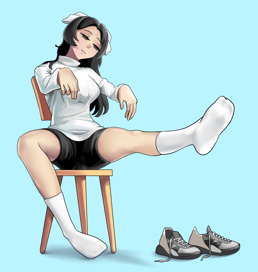 arm_levitation black_hair brown_eyes catalepsy empty_eyes feet female_only femsub glatu hair_ribbon hypnovember lihua_yu_(mindwipe) long_hair original shorts sitting socks solo stage_hypnosis sweater