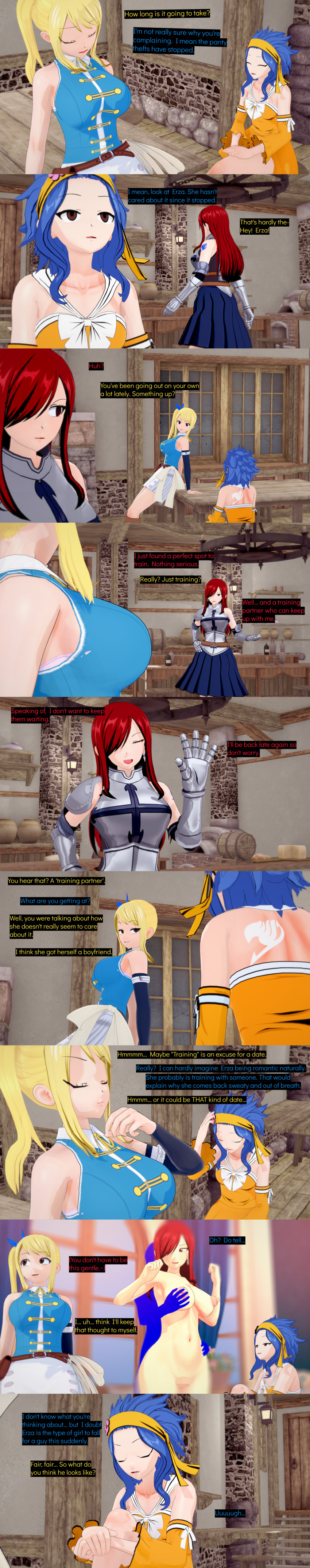 absurdres armor aware black_eyes blonde_hair blue_hair breasts brown_eyes censored closed_eyes clothed cyanstargazer dialogue english_text erza_scarlet fairy_tail femsub hair_covering_one_eye levy_mcgarden long_hair lucy_heartfilia multiple_girls nipples nude pussy red_eyes red_hair short_hair tattoo text