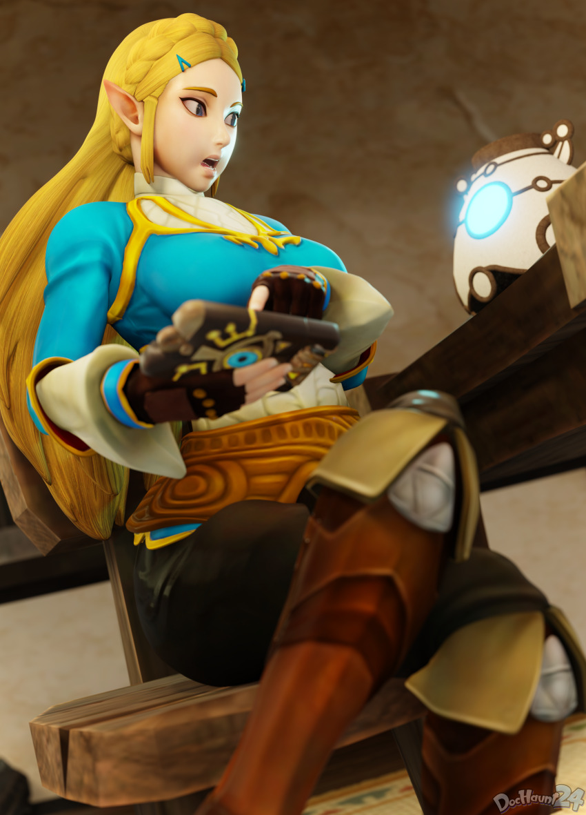 3d absurdres age_of_calamity blonde_hair breath_of_the_wild dochaunt elf_ears female_only glowing nintendo open_mouth princess_zelda terrako the_legend_of_zelda