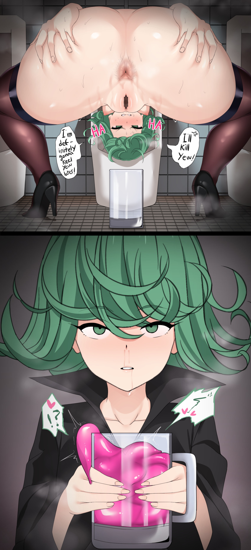 angry anus censored clothed daroon5 dialogue english_text expressionless female_only femsub green_eyes green_hair nude one_punch_man personality_excretion pussy short_hair slime squatting sweat tatsumaki_(one_punch_man) text toilet