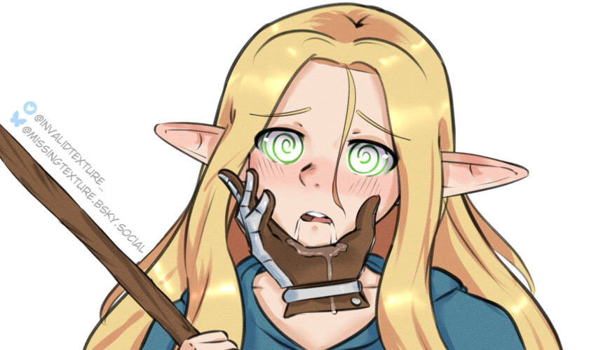 blonde_hair blush chin_hold clothed collarbone delicious_in_dungeon drool elf elf_ears embarrassed eyebrows_visible_through_hair female_only femsub gloves green_eyes hand_on_another&#039;s_cheek hoodie long_hair marcille_donato simple_background solo spiral_eyes staff transparenttexture white_background